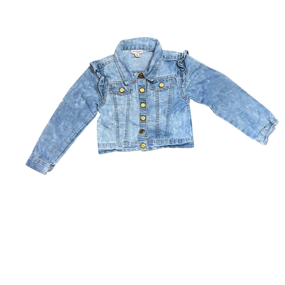 Nanette Lepore‎ Girls Light Wash Ruffle Shoulder Denim Jacket Blue Size 6